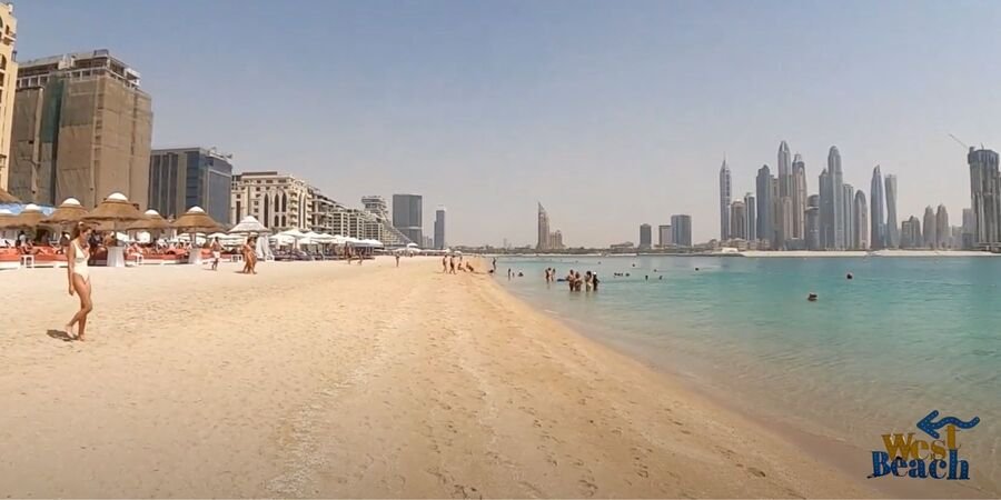 Palm West Beach. Think luxury? Think Palm West Beach. As part of the famous Palm Jumeirah, this white sand haven stretches for 1.6 kilometers, and it's packed with dining and leisure options tucked along the shoreline.